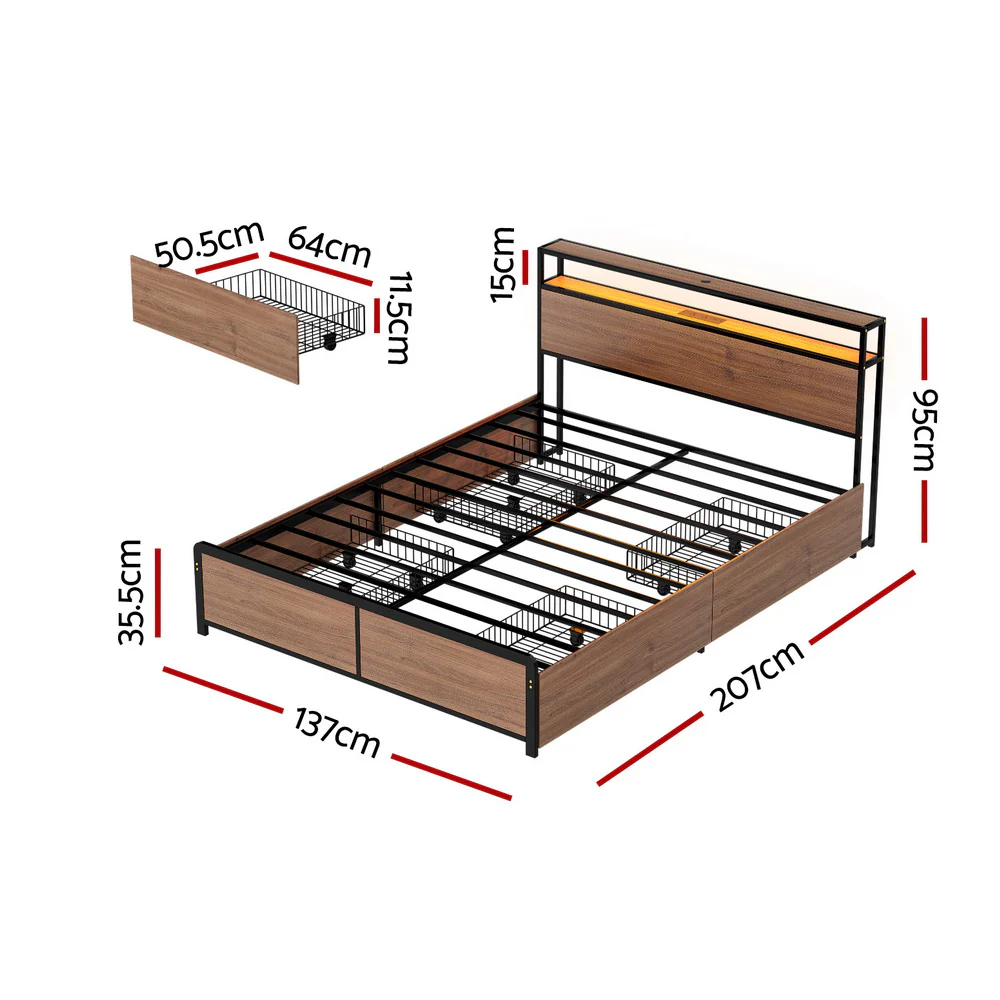 Artiss Metal Bed Frame Double Size LED Storage Headboard USB Charge 4 Drawers - Image 3