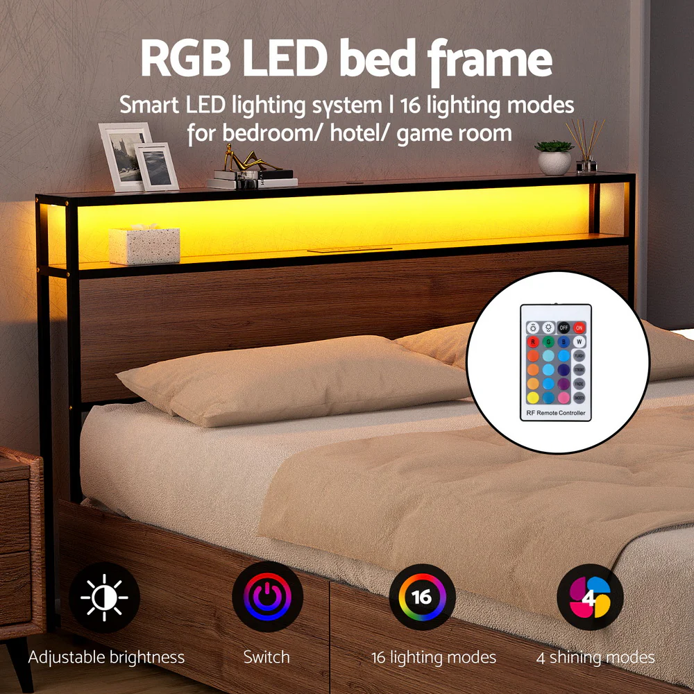 Artiss Metal Bed Frame Double Size LED Storage Headboard USB Charge 4 Drawers - Image 6