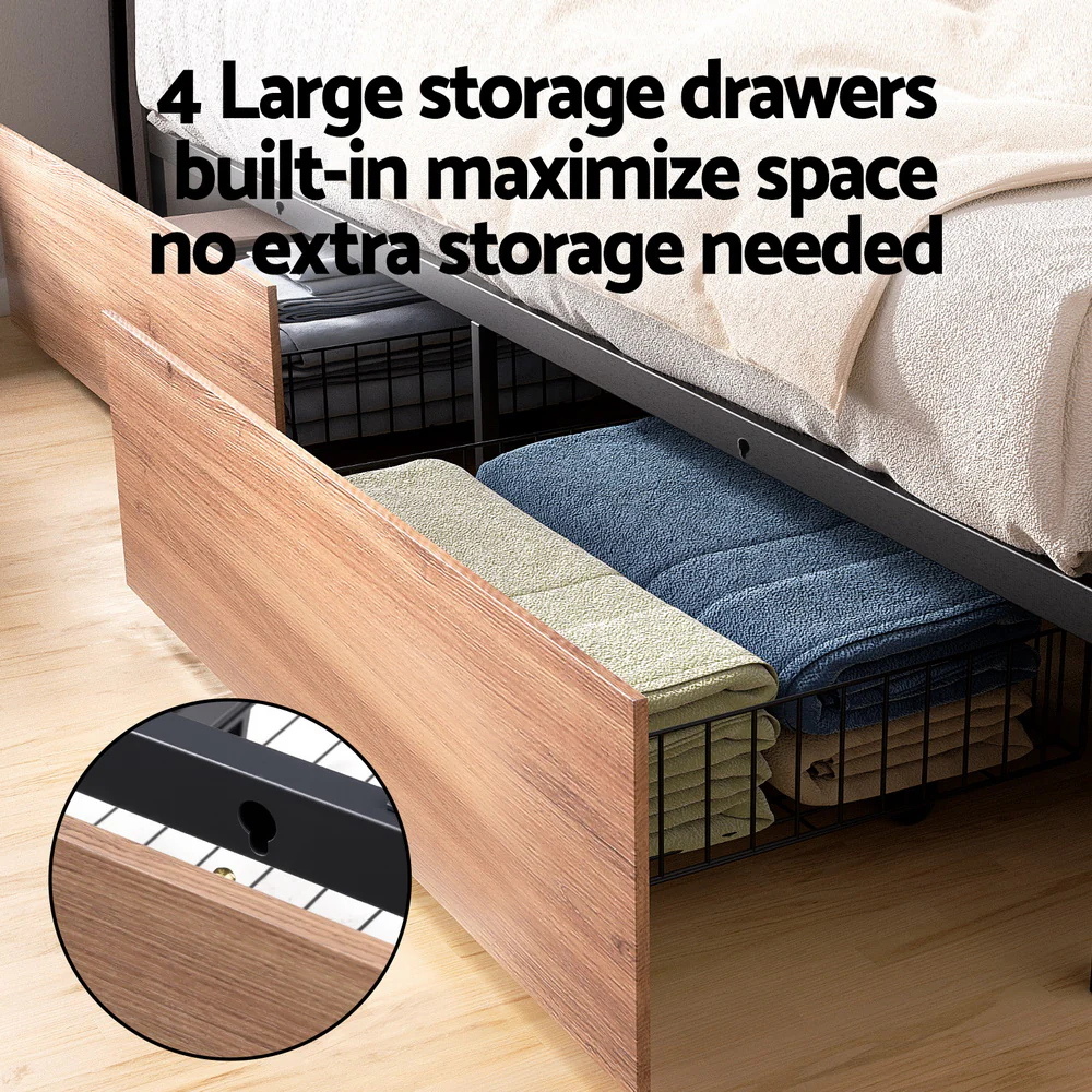 Artiss Metal Bed Frame Double Size LED Storage Headboard USB Charge 4 Drawers - Image 7