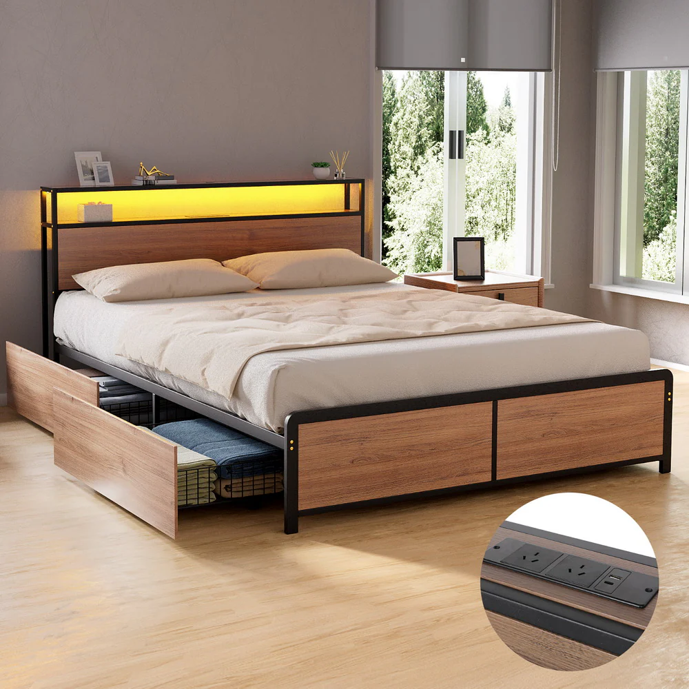 Artiss Metal Bed Frame Queen Size LED Storage Headboard USB Charge 4 Drawers