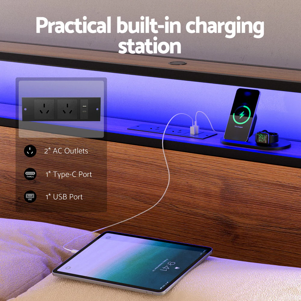 Artiss Metal Bed Frame Queen Size LED Storage Headboard USB Charge 4 Drawers - Image 5