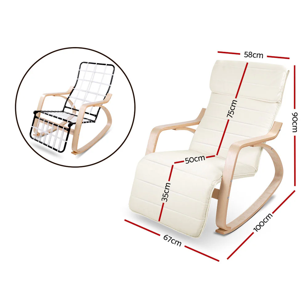 Artiss Rocking Armchair Bentwood Frame With Footrest Beige Afton - Image 7