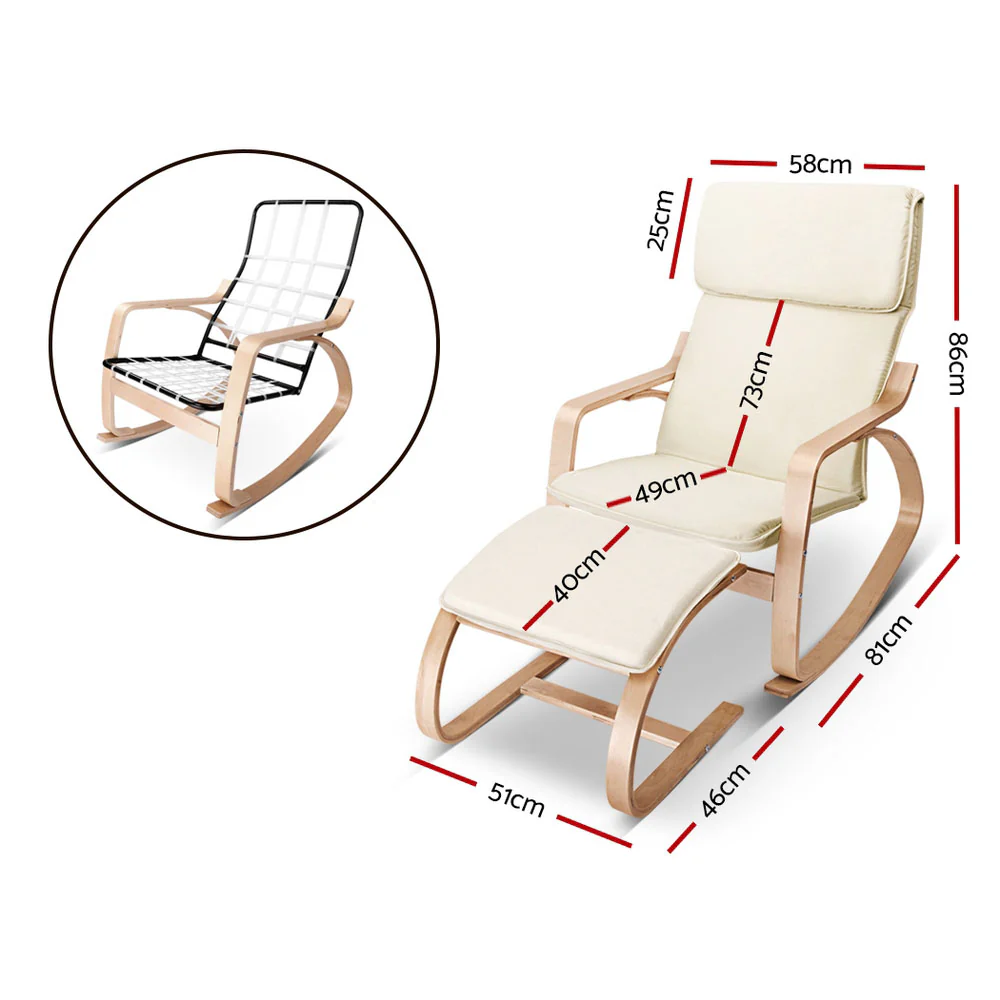 Artiss Rocking Armchair Bentwood Frame With Foot Stool Beige - Image 7